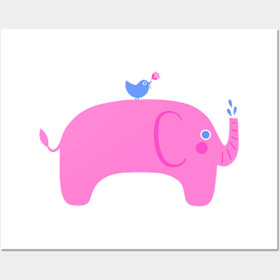 Pink Elephant & Bird Friend Posters and Art